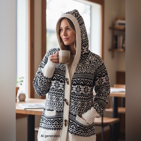 Avalanche Womens Size M Black White Fair Isle Hooded Toggle Cardigan Sweater - Picture 2 of 9